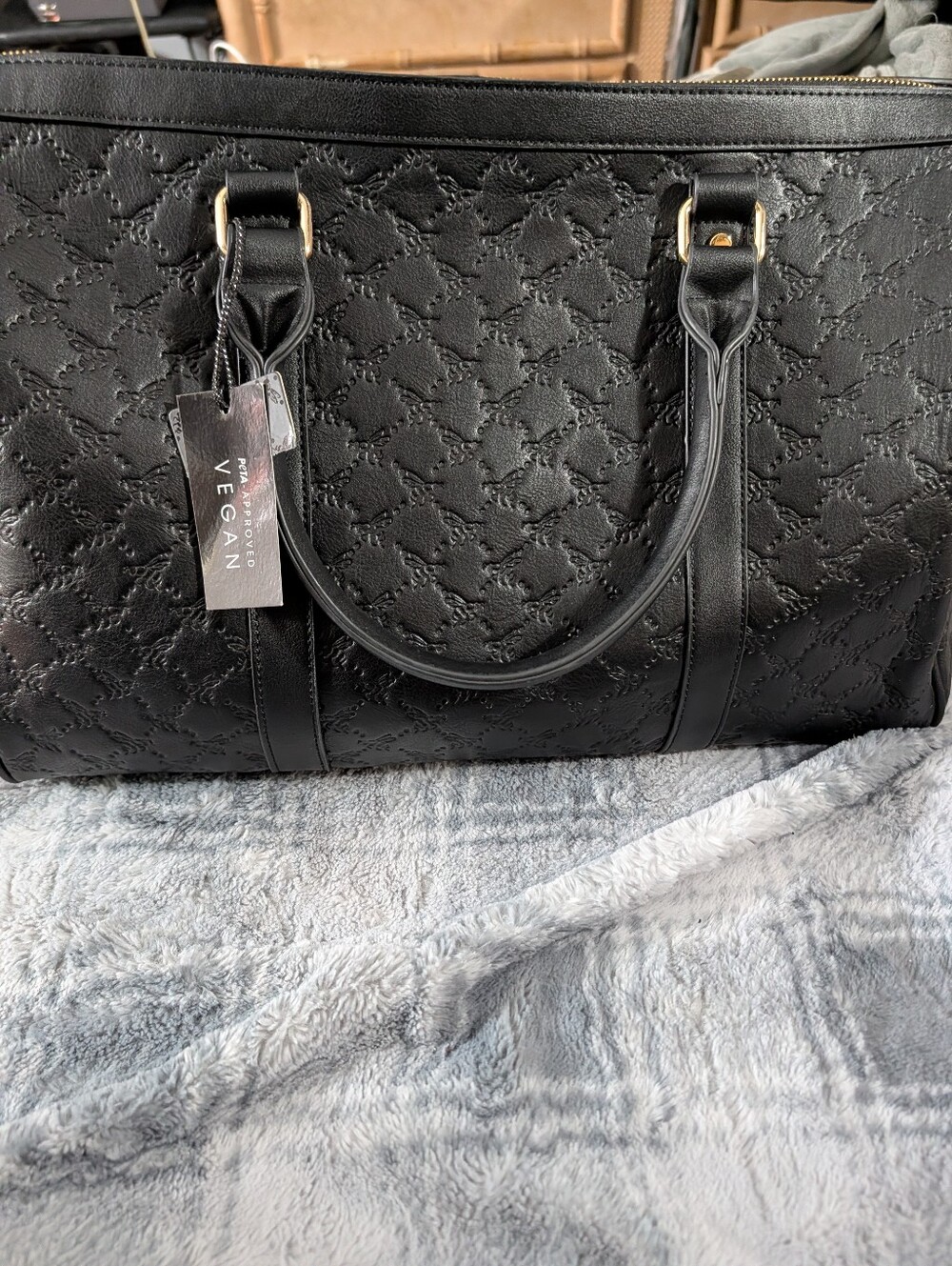 Black Quilted Large Tote/Luggage with Red & Green Stripe and Gold Bee Accent - Picture 5 of 8